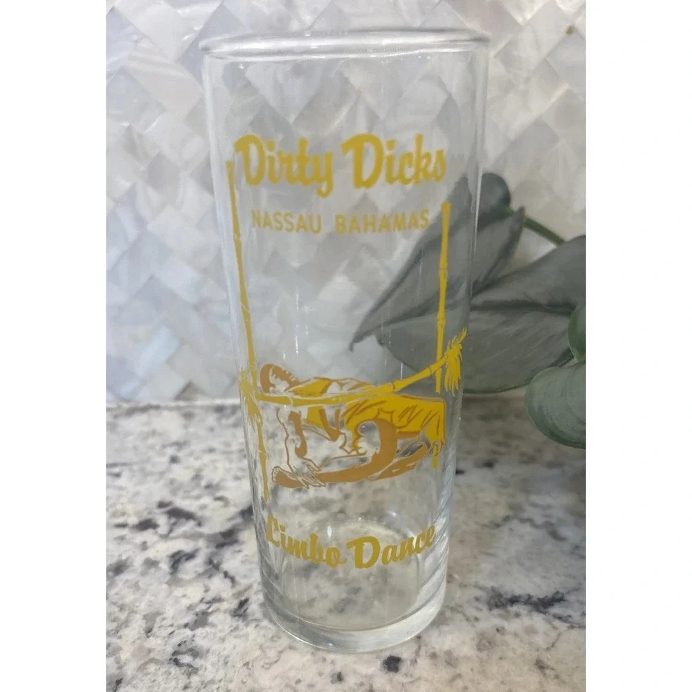 Dirty Dicks DRINK GLASS NASSAU BAHAMAS Vintage Bachelor bachelorette Caribbean